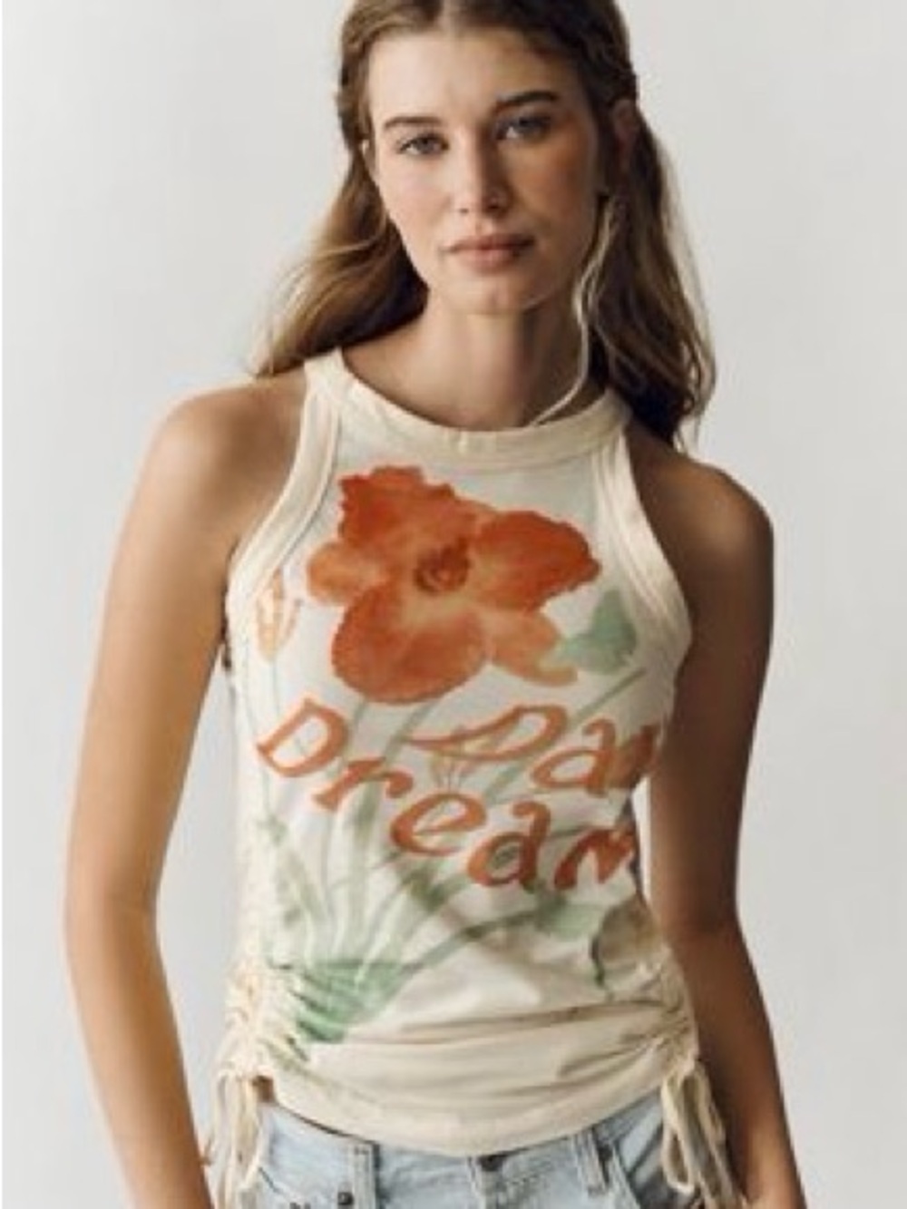 Anthropologie Cream Tank with Orange Floral Graphic
